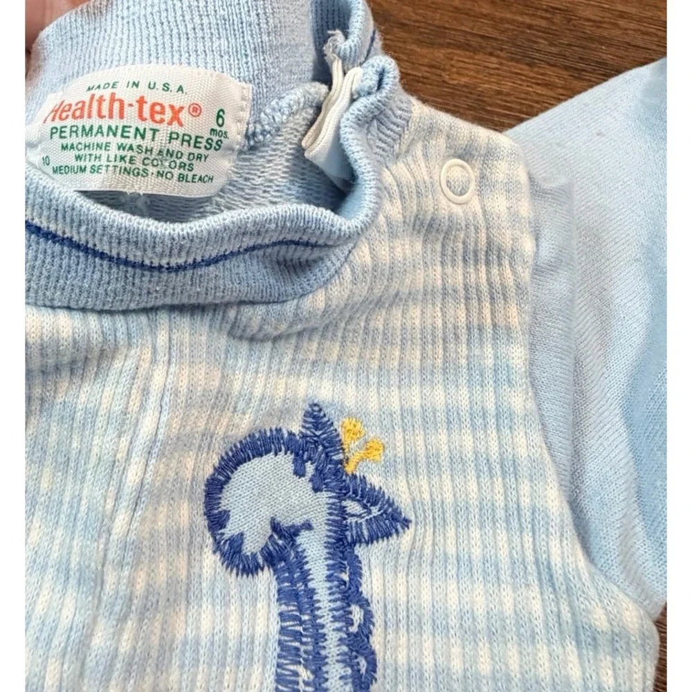 Vintage baby boy blue gingham 70s 80s one piece outfit with giraffe.  SZ 6 month